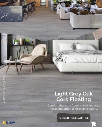 114 reactions | Discover the perfect balance of style and performance with our Light Grey Oak Cork Floating Floor. This eco-friendly floor is warm underfoot, reduces sound, resists UV fading, and installs easily with a click system. Start with a free sample to see how it transforms your home! #CorkFlooring #EcoFriendlyHome #HomeDesign #OrderSamples | Cancork Floor | Facebook