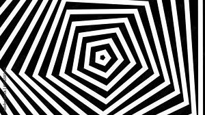 Modern horizontal motion graphic background with black and white gradient and looped concentric thick and polygonal shapes with spin