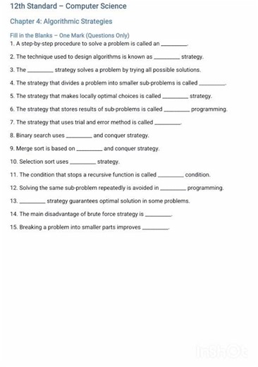 12th Std Computer Science – Chapter 4 One Mark Questions.