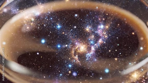 Cosmic Coffee - A close-up shot of coffee in a glass cup with a galaxy overlayed, creating the illusion of the universe within the beverage.