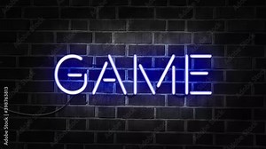 Blue neon sign of the word GAME switches on and off, flickering, fading, disappearing. Neon lettering of the word game. 4K motion animation.