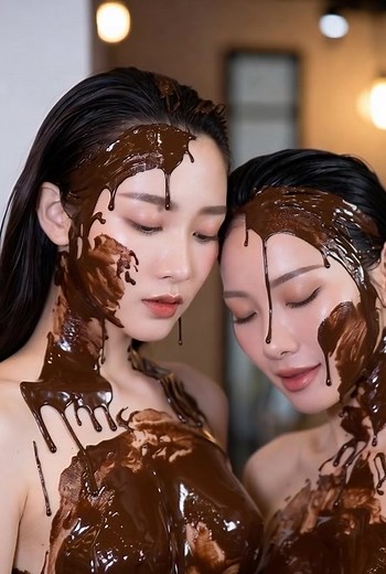At a bustling night market, two Asian women laughed their way through a friendly dessert challenge, whisking ganache and piping designs as the crowd cheered, until the chocolate drizzle ended up everywhere—splashed across their aprons, smudged on their hands, and freckling the table like abstract art. What began as careful craftsmanship turned playful, each flourish bolder than the last, the air rich with cocoa and laughter as they tasted, adjusted, and cheered each other on, finishing not with