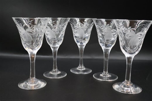 Set of 5 Attributed Royal Brierley Fuchsia Tall Sherry Glasses, Vintage Etched Crystal Stemware, Elegant English Barware, 13.8 Cm - Etsy