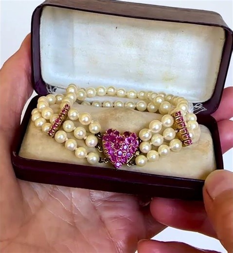 Vintage Ruby Pearl Bracelet, 14K Gold 3 Strand Heart Clasp