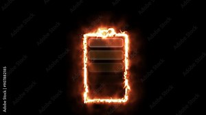 Glowing neon battery icon. Power and Electricity fire Ekmulato Battery.Charging level-up neon battery symbol animation. Neon battery fast charging animation.