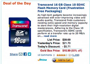 Transcend 16GB Class 10 SDHC card: $16