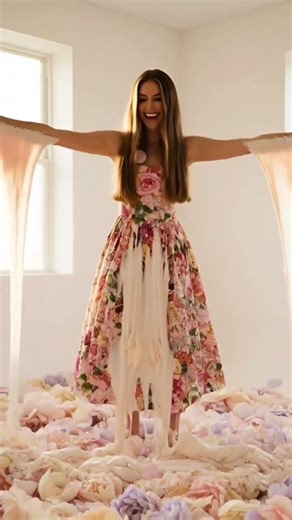 Beautiful girl in a shimmering silver swimsuit stands in a minimalist room