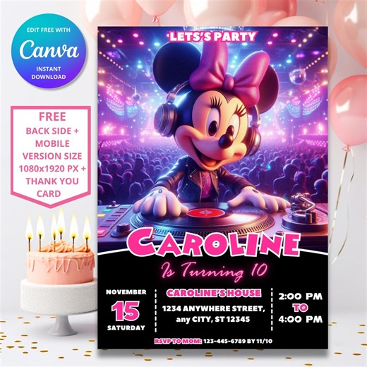Editable Minnie Mouse Disco Party Birthday Invitation | Kids Party Invite (digital Download) - Etsy