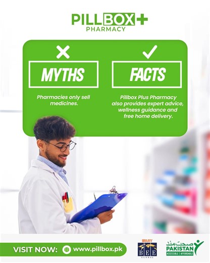 Pill Box Pharmacy on Instagram: "Pharmacies only sell medicines? 🤔 Not anymore. 💊 At Pillbox Plus Pharmacy, we offer expert advice, wellness guidance and free home delivery — because your health is more than just prescriptions. 🛒 Visit us today: www.pillbox.pk #pillboxpluspharmacy #MythVsFact #wellness #FreeHomeDelivery #PharmacyCare #pillboxpk #viralvideochallenge #medicine"