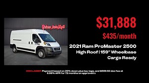 🚛 2021 Ram ProMaster 2500 High Roof – Built for Business, Ready for Work! 🔥 Need serious cargo space and unbeatable reliability? This 2021 Ram ProMaster 2500 High Roof 159" is the perfect work van for businesses, contractors, and entrepreneurs who need space, power, and efficiency. Whether you're delivering, hauling, or upfitting for your trade, this ProMaster is ready to handle the job! ✅ High Roof & 159" Wheelbase – Maximum cargo space ✅ 3.6L V6 Engine – Strong, efficient & reliable ✅ Wide C