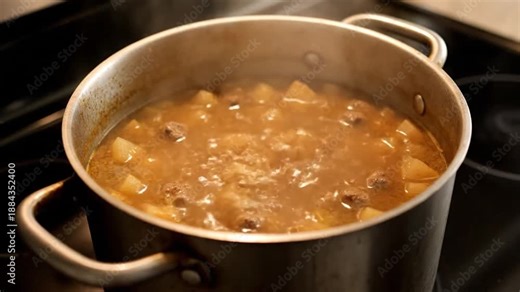 Close-up of steaming stew simmering in a stainless steel pot on a black stovetop