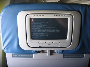 linux boot screen on the seat in front of me
