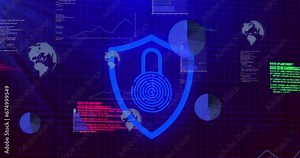 Animation of padlock in shield, graphs, globes and computer language over black background