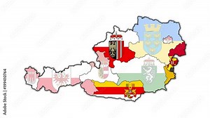 Map of austria over white background with flashing flags of administrative divisions