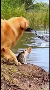 Golden Retriever Stares Down an Alligator for the Kitty. 💥 #love