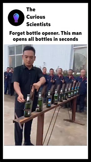 Science | Interesting | How it works | A man demonstrating a technique for quickly opening multiple bottles, possibly using a specialized tool or a clever leverage method.... | Instagram
