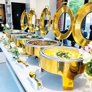 1 Pack 6.8-Quart Gold Round Chafing Dishes, Stainless Steel Chafers and Buffet Warmers Sets w/Water Pan, Food Pan, Fuel Holder and Lid