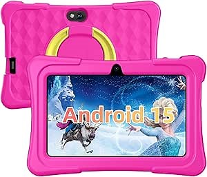 Kids Tablet, 7 inch Android 15 Tablet for Kids, 8GB+32GB 1TB Expand, Quad-Core Toddler Tablets with Shockproof Case, BT5.0, WiFi 5, Parental Control, Games, Dual Camera (Rose)