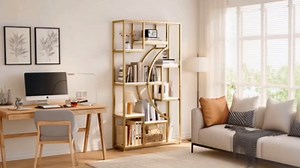 LGHM 79" W Luxury Marble-Patterned White Gold Bookshelf, Modern Geometric Half-Moon Style, Flexible Modular Open Storage Unit for Living Room, Home, Office