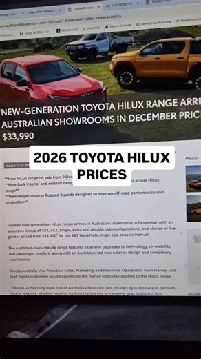 1.1K views · 199 reactions | 2026 Toyota HiLux lineup and prices confirmed for Australia. Order books open on Dec 9... expect to see one right up your arse on a highway near you soon. More details: https://drivingenthusiast.com.au/2025/11/2026-toyota-hilux-price-specs-confirmed-arrives-december/ #toyotahilux #toyota #ute #pickuptruck #cars #carnews #newcars2026 #carspotting #diesel #4x4 #drivingenthusiastaustralia | Driving Enthusiast | Facebook