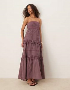 ASOS DESIGN bandeau maxi dress with pintucks and lace tiers in deep grape | ASOS