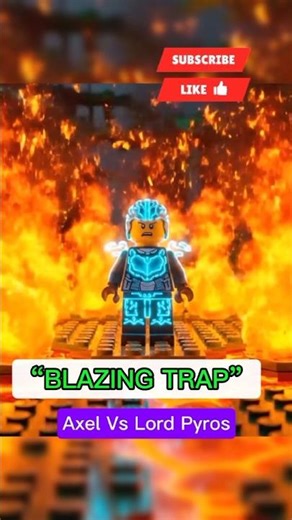 “Lego Axel vs Lord Pyros: Trapped in Fire Battle Scene”