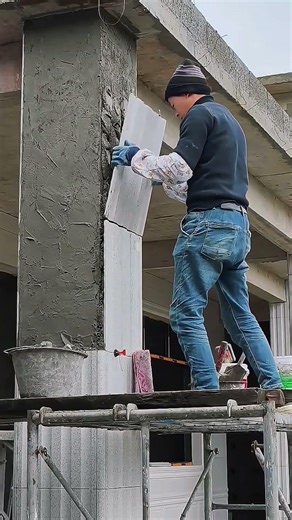 This Column Tile Goes Up Perfectly Straight#ConstructionSkills #TileInstallation