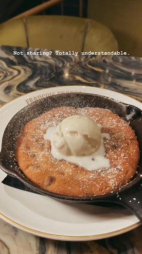 Our Chocolate Chip Cookie Skillet is fresh from the oven and topped with a dreamy scoop of ice cream. Perfectly sharable… or not. We don’t judge. 😉 | Francois Frankie