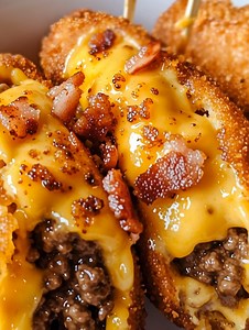 Deep-Fried Bacon Cheeseburger Corn Dogs Ingredients: 1 pound ground beef 1 cup shredded cheddar cheese 6 slices cooked bacon, chopped 1 teaspoon garlic powder 1 teaspoon onion powder 1 teaspoon salt 1/2 teaspoon black pepper 1/2 teaspoon paprika 1 cup all-purpose flour 1 cup cornmeal 1 tablespoon baking powder 1 cup buttermilk 1 large egg Vegetable oil for frying 6 hot dog sausages 6 wooden skewers Instructions: In a mixing bowl, combine ground beef, cheddar cheese, chopped bacon, garlic powder,