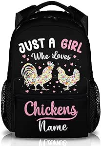 Custom Backpack for Girls - Cute Rooster Chicken Backpacks for Kids Women - Personalized 17" Large Capacity Black Lightweight Bookbag, Gift for Chicken Lovers