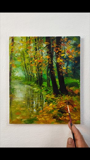 Beautiful "Stream In Autumn" landscape painting 🍁🍂🌳🌿💧⛅/Acrylic on paper 🖌️ #easy #beautiful #landscape #painting #acrylicpainting #acrylic #autumn #river #stream #trees #greenery #cloudy #peaceful #chill | Hamlet Shougrakpam Art