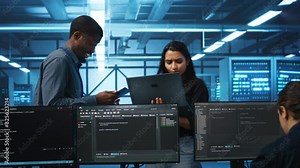 Technician and team leader in server farm looking for equipment misconfigurations affecting performance. Multiethnic coworkers checking data center infrastructure bottlenecks leading to glitches