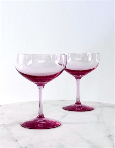 Vintage Fostoria Silhouette Pink Champagne Coupes Set of 2 – Mid Century Blush Glass Stemware