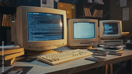 Vintage computer setup with retro monitors and floppy disks showcasing old technology and coding environment
