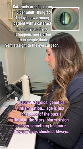 What is a cataract? 👁️ It’s when the clear lens inside your eye becomes cloudy ☁️ like looking through a foggy window. Result: blurry vision, glare, halos, and trouble seeing clearly. Causes of cataracts • Age-related changes • Injury to the eye • Long-term steroid use • Chronic inflammation • Genetics • Systemic conditions (like diabetes) #cataract #cataracts #blurry #eyeexam #eyedoctor