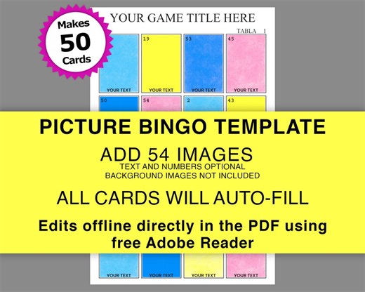 Picture Bingo Template, 50 Cards, 54 Calls, Add Images and Text, Cards Auto-fill, 4 X 4 Mexican Style Lottery Game Mexican Bingo Cards - Etsy
