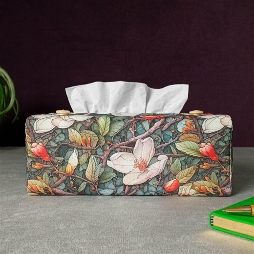 Rectangular Tissue Box Cover: Magnolia Garden Design on Linen - Etsy