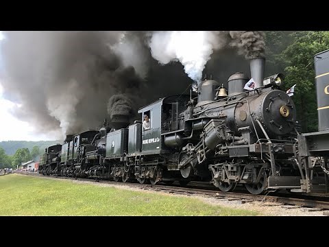 Steam Locomotive Working Hard Shoving Up Hill & 5 Steam Locomotives Screaming! Parade Of Steam Pt 1