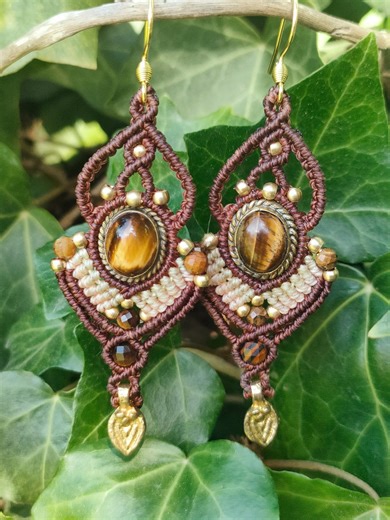 Pendientes Macramé Ojo De Tigre | Boho Earrings | Joyería Artesanal Hecha a Mano | Pendientes Bohemios Piedra Natural | Regalo Mujer - Etsy