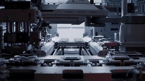 Computer Chip Automated Production Line. Microchip Manufacturing Facility. Close-up of Heat Spreader Attachment to Advanced Processor on Automated Conveyor at Electronics Factory.