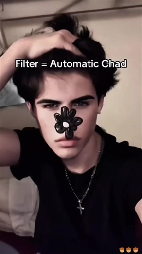 Generate image: Special effects: A black abstract flower-shaped effect is superimposed on the person's nose. A high-contrast filter enhances facial contours and light/shadow, while keeping the character and background unchanged in size, creating a