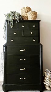 2.1K views · 23 reactions | Watch this stunning makeover unfold! This large chest of drawers went from worn to wow with Shackteau Interiors Milk Paint in our best-selling shade—Black Beach. The deep, rich black enhances every detail, and the gold antique hardware adds the perfect vintage touch. A timeless transformation you won’t want to miss! ✨ #FurnitureFlip #MilkPaint #BlackBeach #VintageCharm | Shackteau Interiors | Facebook