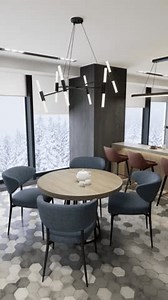 3D render. The camera spans across the common space of the apartment, from the kitchen to the living room. Floor-to-ceiling windows. Winter outside the window. Vertical format for a phone.