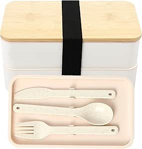 Bento Box Adult Lunch Box - Silicone and Bamboo Lunch Container for Meal Prep - with 2 Stackable Food Containers, 1 Removable Divider, Eating Utensils, Strap (4" Hx7 Lx4 W, White)