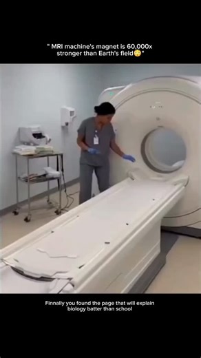 biology_.explaining on Instagram: "The strong magnetic field inside an MRI machine is powerful enough to pull metal objects across a room.MRI stands for Magnetic Resonance Imaging, and it uses magnets up to 60,000 times stronger than Earth’s magnetic field to align hydrogen atoms in your body...When radio waves are applied, these atoms release signals that computers use to create detailed images of organs and tissues — without any surgery or X-rays.. That’s why hospitals take extreme precautions