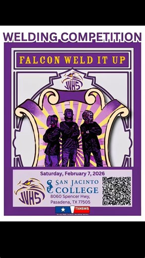 🔥 WELDING COMPETITION 🔥 🦅 Falcon Weld It Up 🦅 by Jersey Village High School 📅 Saturday, February 7, 2026 📍 San Jacinto College 8060 Spencer Hwy, Pasadena, TX 77505 Get ready for an exciting day of competition, skill, and craftsmanship as student welders take the hood down and show what they can do! This event is part of the Texas High School Welding Series (TXHSWS) and brings together schools, instructors, and industry supporters to celebrate the next generation of welders. 👉 More details