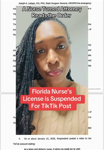 A Florida nurse’s license is suspended 6 days after a social media post. A nurse turned attorney reads the emergency license suspension order. #nurseturnedattorney #attorneysoftiktok #boardofnursingdefense #HealthcareLawyer