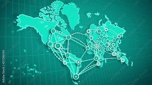A hi-tech 3d rendering of an abstract world map linking big cities, marked with small rounds, with moving and broken white lines placed on rectangular grid in the jungle green background.