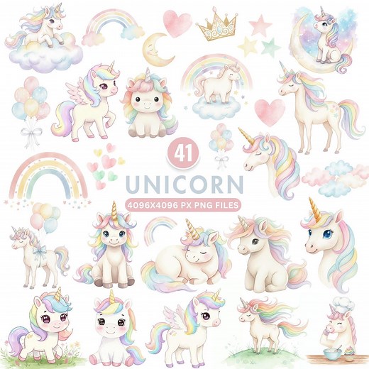 Pastel Unicorn Clipart, Cute Baby Unicorn PNG, Watercolor Rainbow Unicorns, Pegasus Clipart Bundle, Nursery Art, Baby Shower, Commercial Use - Etsy