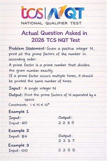 TCS NQT Coding Question 🔥 Prime Factorization | Asked in 2026 Test | Comment your approach below!!!
